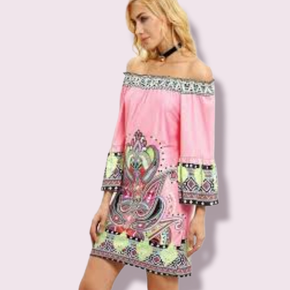 Yucan Off Shoulder Beach Pink Dress Balloon Slee… - Picture 1 of 13